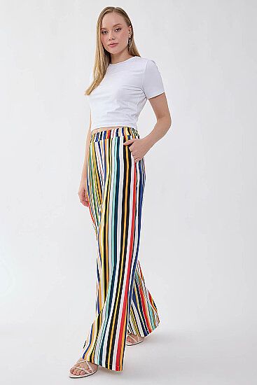 Çizgi Desenli Beli Lastikli Pantolon - 3
