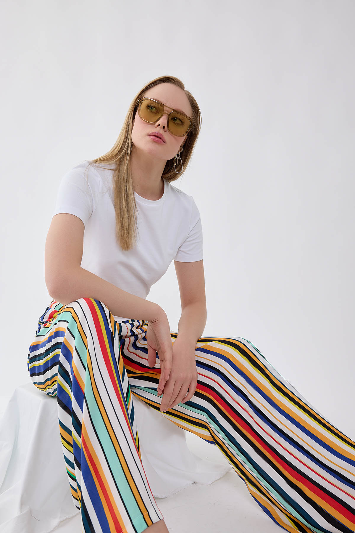 Çizgi Desenli Beli Lastikli Pantolon - Thumbnail