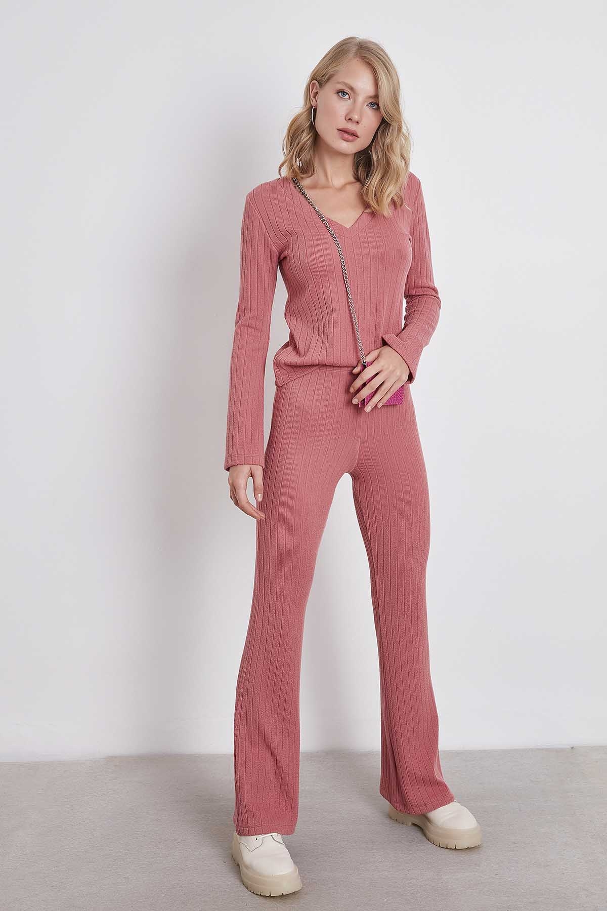 Çizgili Örme Kumaş Rahat Pantolon - Thumbnail