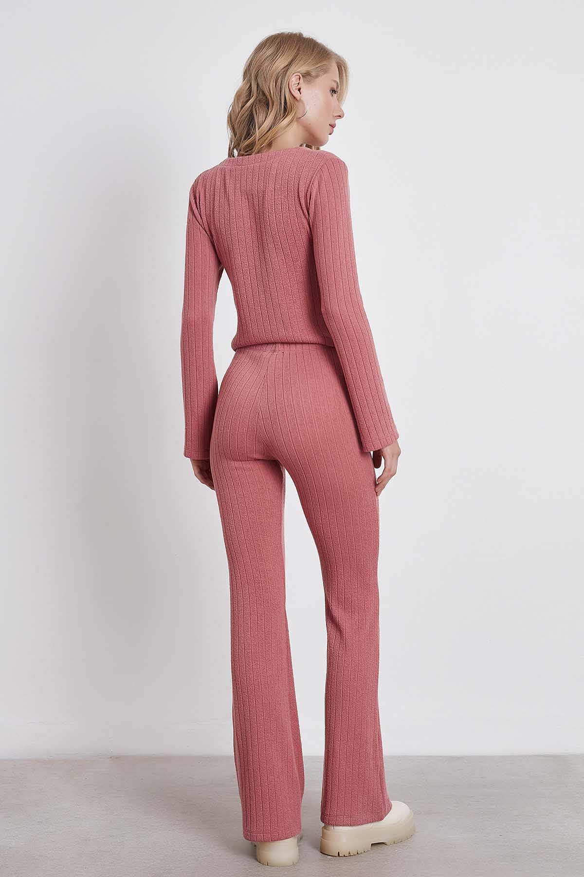 Çizgili Örme Kumaş Rahat Pantolon - Thumbnail