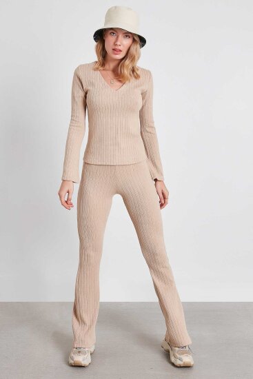 Çizgili Örme Kumaş Rahat Pantolon - 1