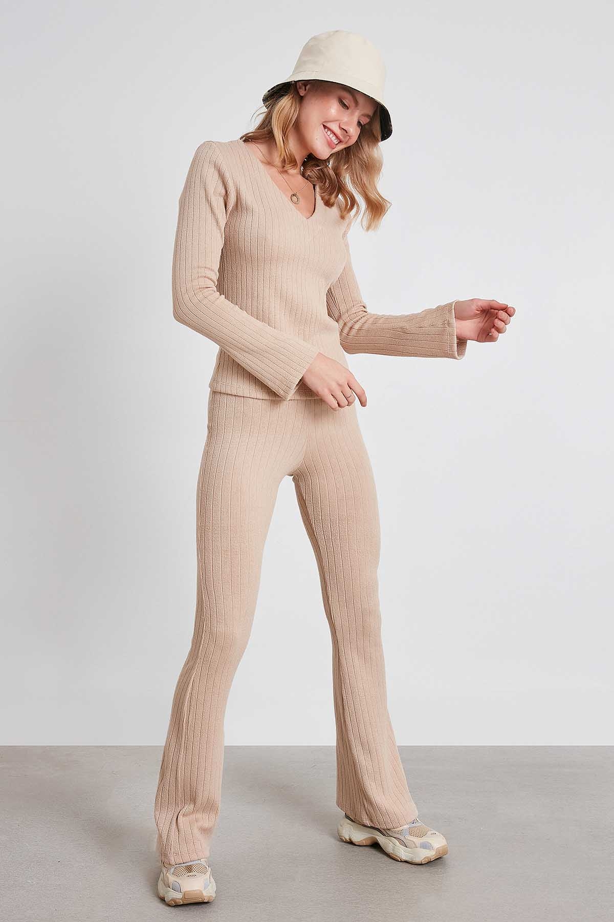 Çizgili Örme Kumaş Rahat Pantolon - Thumbnail