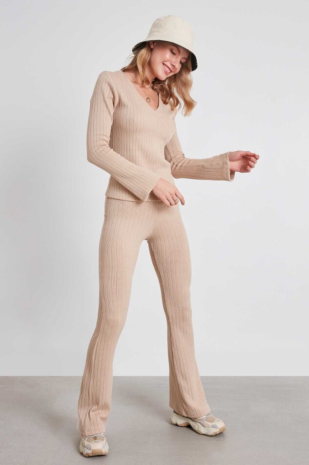 Çizgili Örme Kumaş Rahat Pantolon - 3