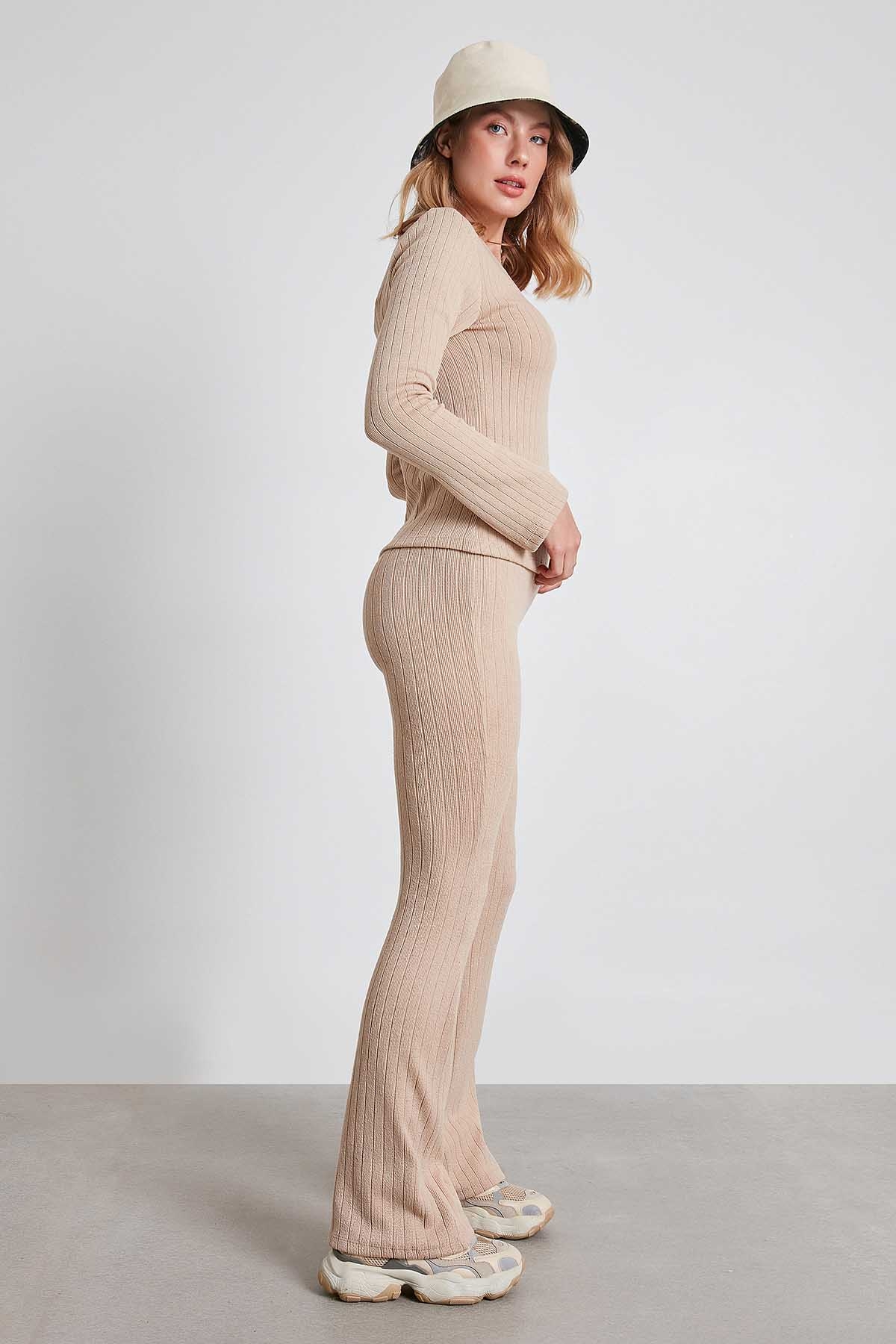 Çizgili Örme Kumaş Rahat Pantolon - Thumbnail