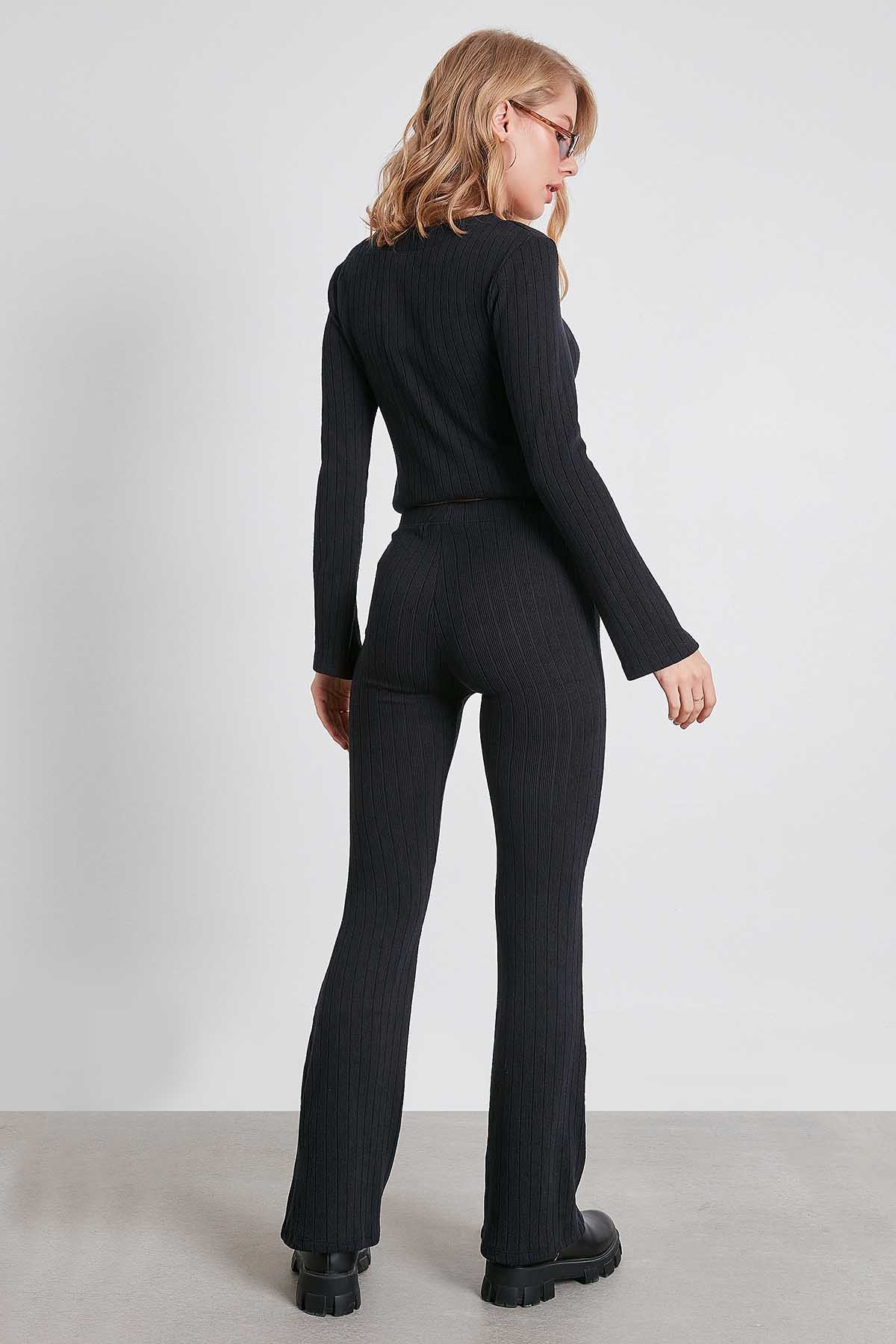 Çizgili Örme Kumaş Rahat Pantolon - Thumbnail