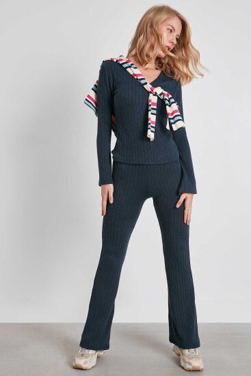 Çizgili Örme Kumaş Rahat Pantolon - 23