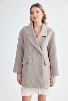 VİTRİN - Çizgili Oversize Kaşe Kaban