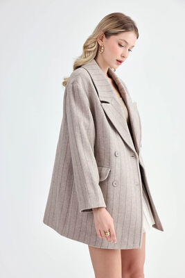 Çizgili Oversize Kaşe Kaban - Thumbnail (2)