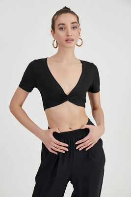 Dekolteli Büzgülü Crop Bluz - 1