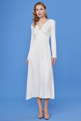 Derin V Dekolteli Uzun Saten Elbise