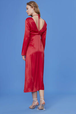 Derin V Dekolteli Uzun Saten Elbise - 8