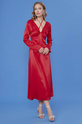 Derin V Dekolteli Uzun Saten Elbise - 9