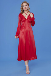 Derin V Dekolteli Uzun Saten Elbise - 10