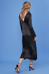 Derin V Dekolteli Uzun Saten Elbise - 14