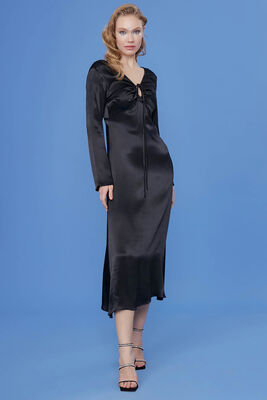 Derin V Dekolteli Uzun Saten Elbise - 15