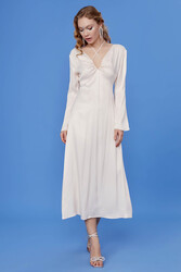 Derin V Dekolteli Uzun Saten Elbise - 17