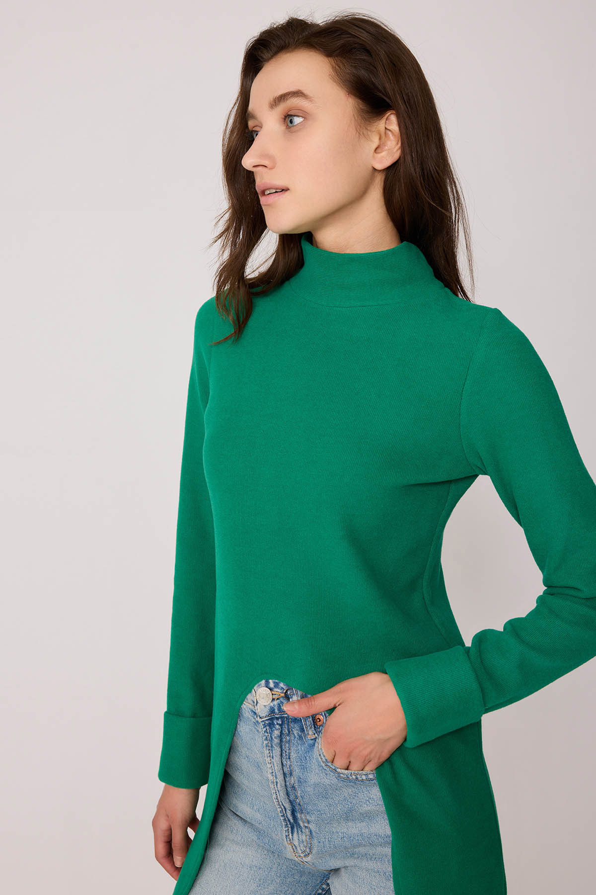 Derin Yırtmaçlı Örme Bluz - Thumbnail