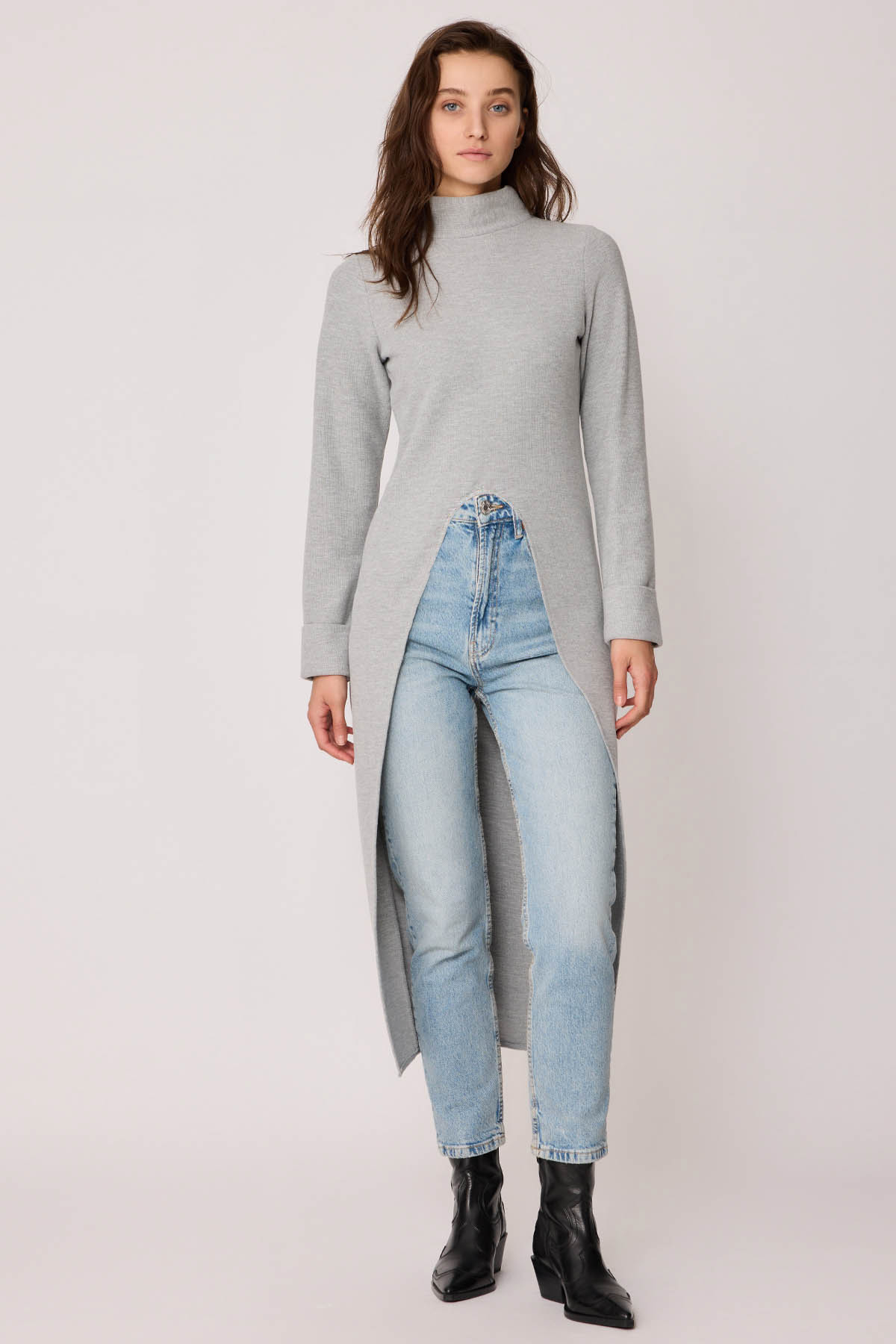 Derin Yırtmaçlı Örme Bluz - Thumbnail