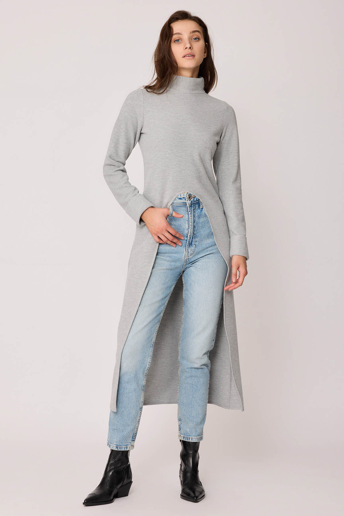 Derin Yırtmaçlı Örme Bluz - Thumbnail