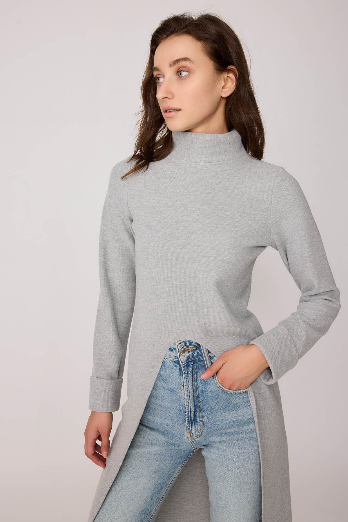 Derin Yırtmaçlı Örme Bluz - Thumbnail