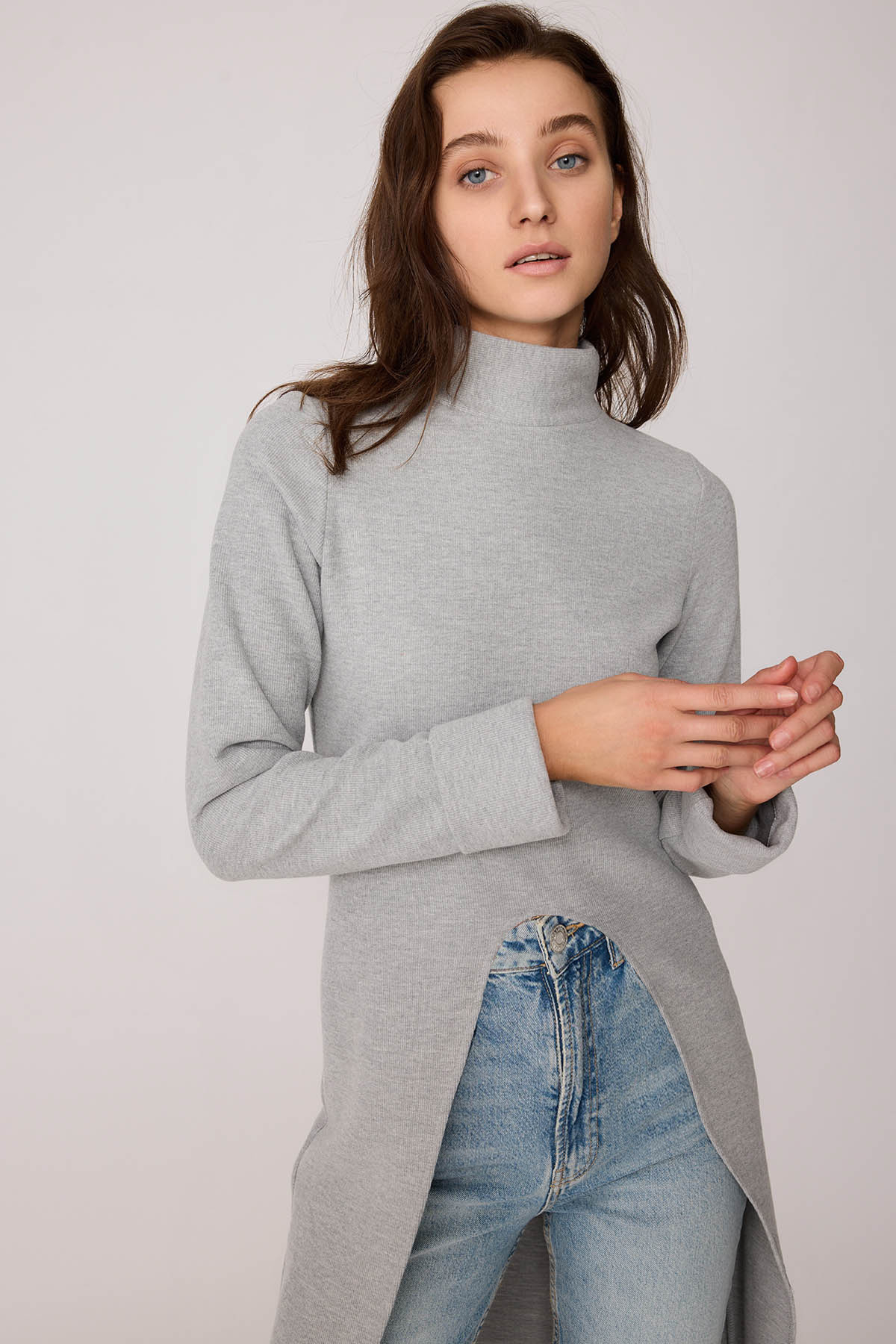 Derin Yırtmaçlı Örme Bluz - Thumbnail