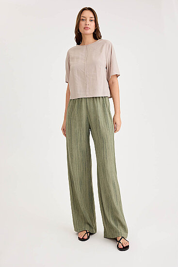 Desenli Beli Lastikli Geniş Paça Pantolon - 1