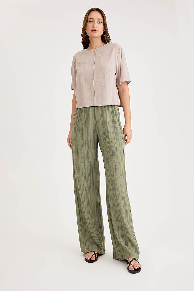 Desenli Beli Lastikli Geniş Paça Pantolon - 1