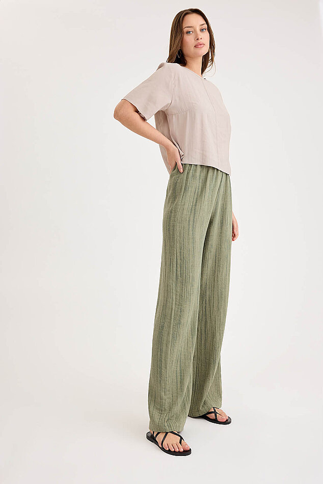 Desenli Beli Lastikli Geniş Paça Pantolon - 2