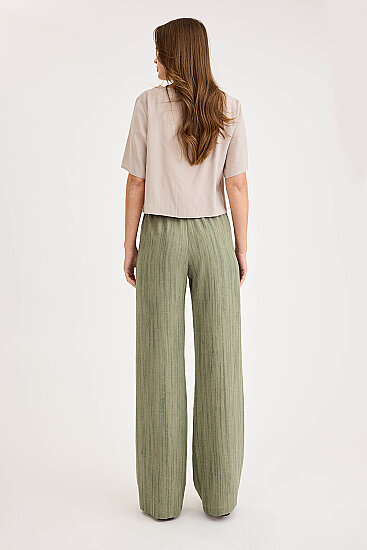 Desenli Beli Lastikli Geniş Paça Pantolon - 4