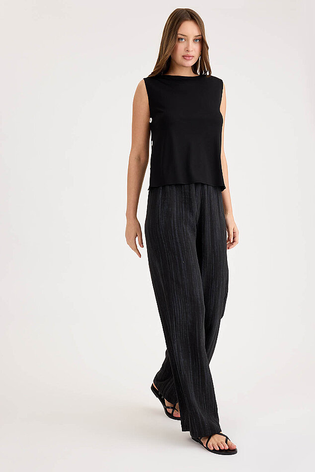 Desenli Beli Lastikli Geniş Paça Pantolon - 7