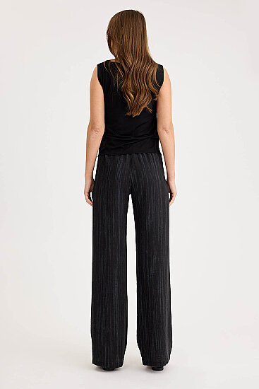 Desenli Beli Lastikli Geniş Paça Pantolon - 9