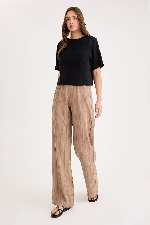 Desenli Beli Lastikli Geniş Paça Pantolon - 12