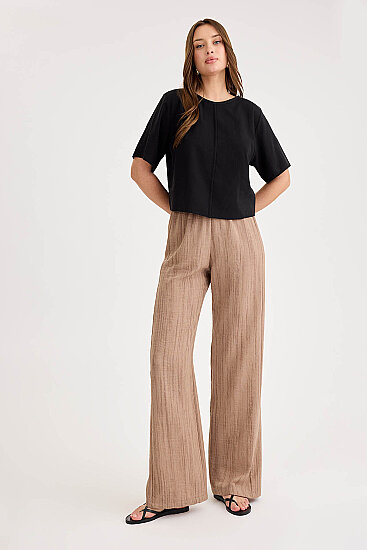 Desenli Beli Lastikli Geniş Paça Pantolon - 14