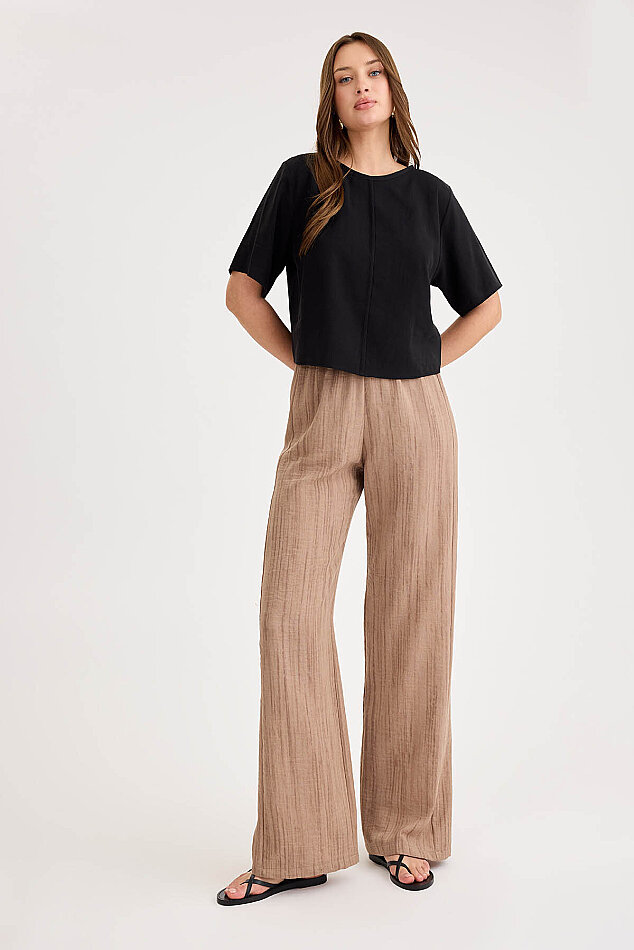 Desenli Beli Lastikli Geniş Paça Pantolon - 14