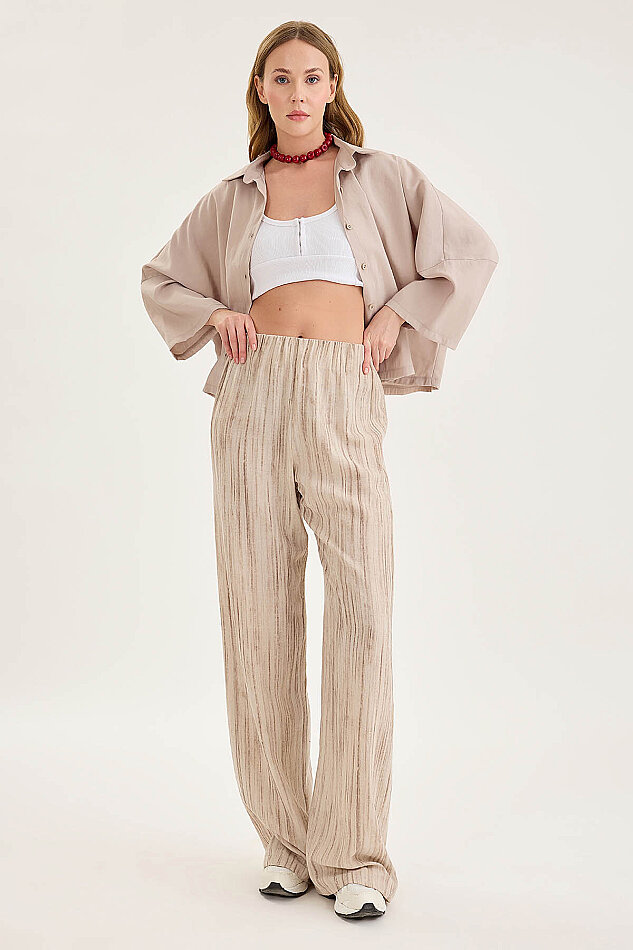 Desenli Beli Lastikli Geniş Paça Pantolon - 18