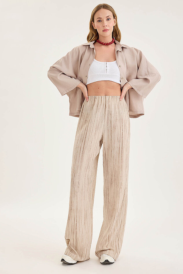 Desenli Beli Lastikli Geniş Paça Pantolon - 17