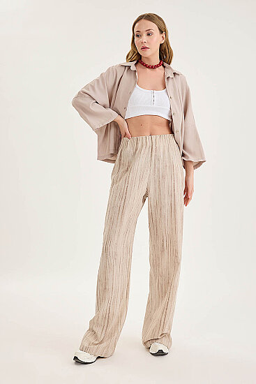 Desenli Beli Lastikli Geniş Paça Pantolon - 19