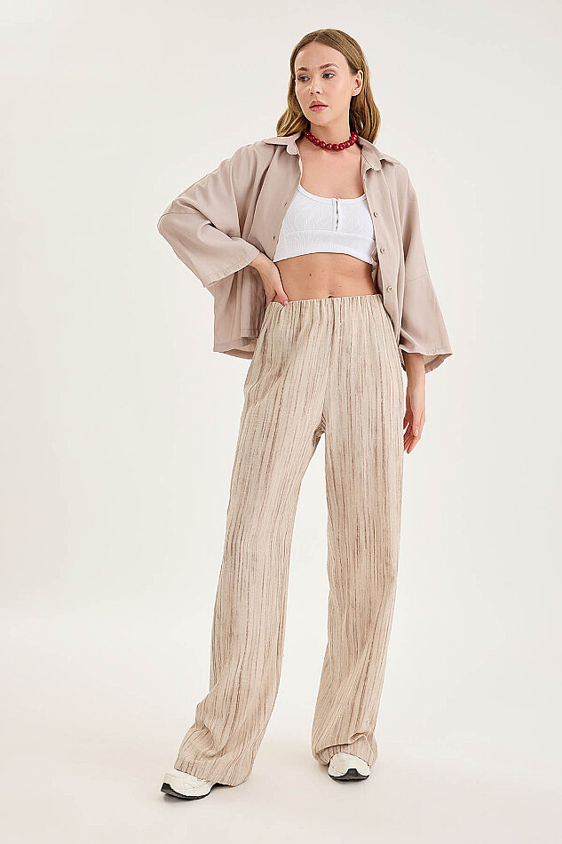 Desenli Beli Lastikli Geniş Paça Pantolon - 19