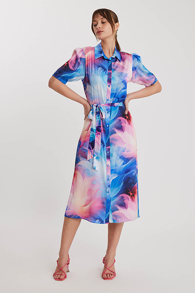 Desenli Düğmeli Beli Kuşaklı Elbise - 3