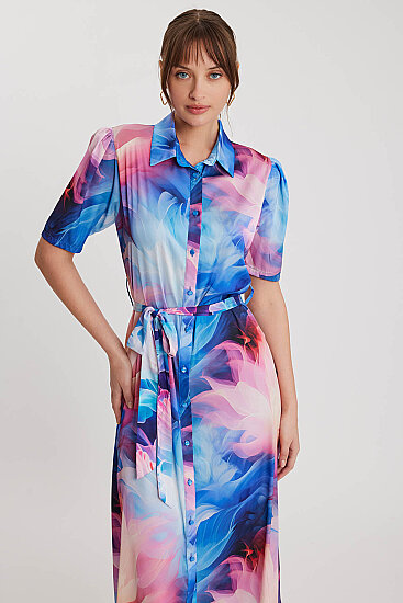 Desenli Düğmeli Beli Kuşaklı Elbise - 4