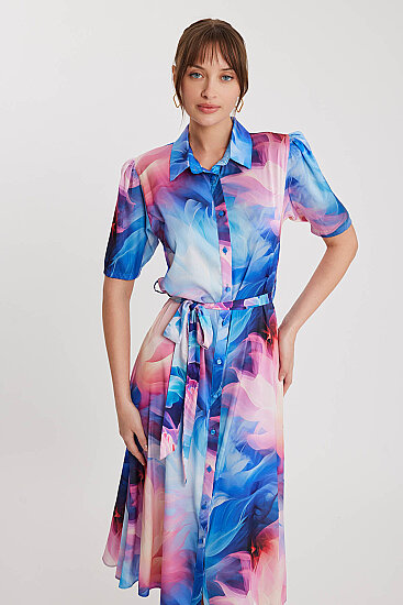 Desenli Düğmeli Beli Kuşaklı Elbise - 6