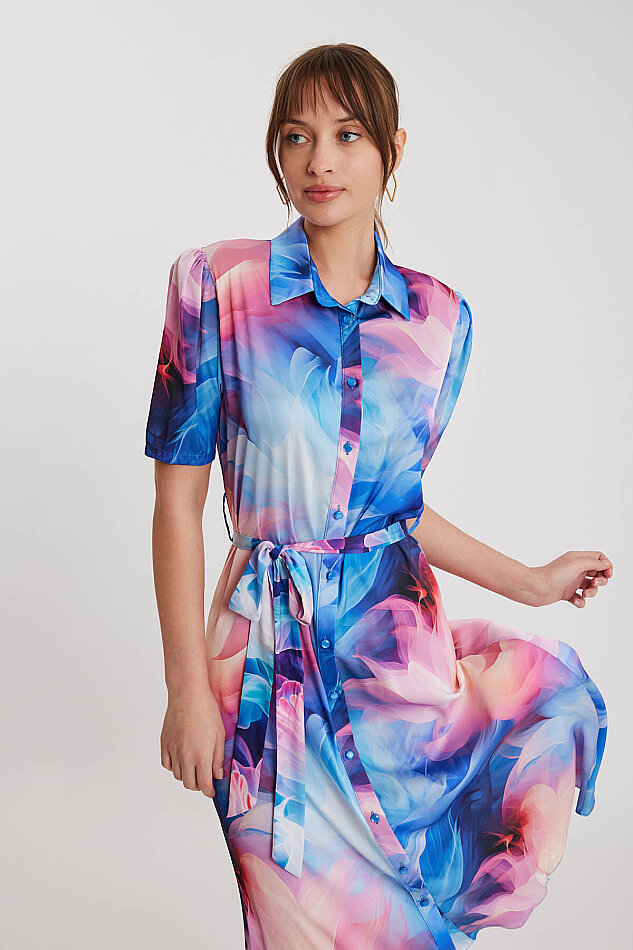 Desenli Düğmeli Beli Kuşaklı Elbise - 7