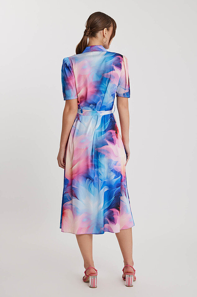 Desenli Düğmeli Beli Kuşaklı Elbise - 5