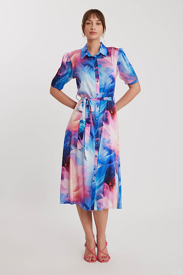 Desenli Düğmeli Beli Kuşaklı Elbise - 1