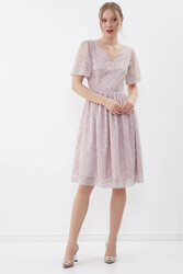 Desenli Kolu Tüllü Elbise - 4