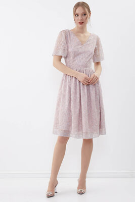 Desenli Kolu Tüllü Elbise - 4