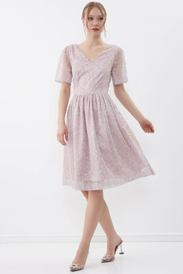 Desenli Kolu Tüllü Elbise - 3