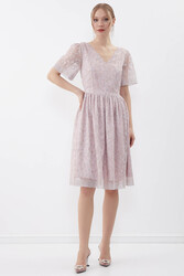 Desenli Kolu Tüllü Elbise - 1