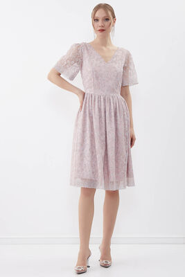 Desenli Kolu Tüllü Elbise - 1