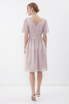 Desenli Kolu Tüllü Elbise - 5